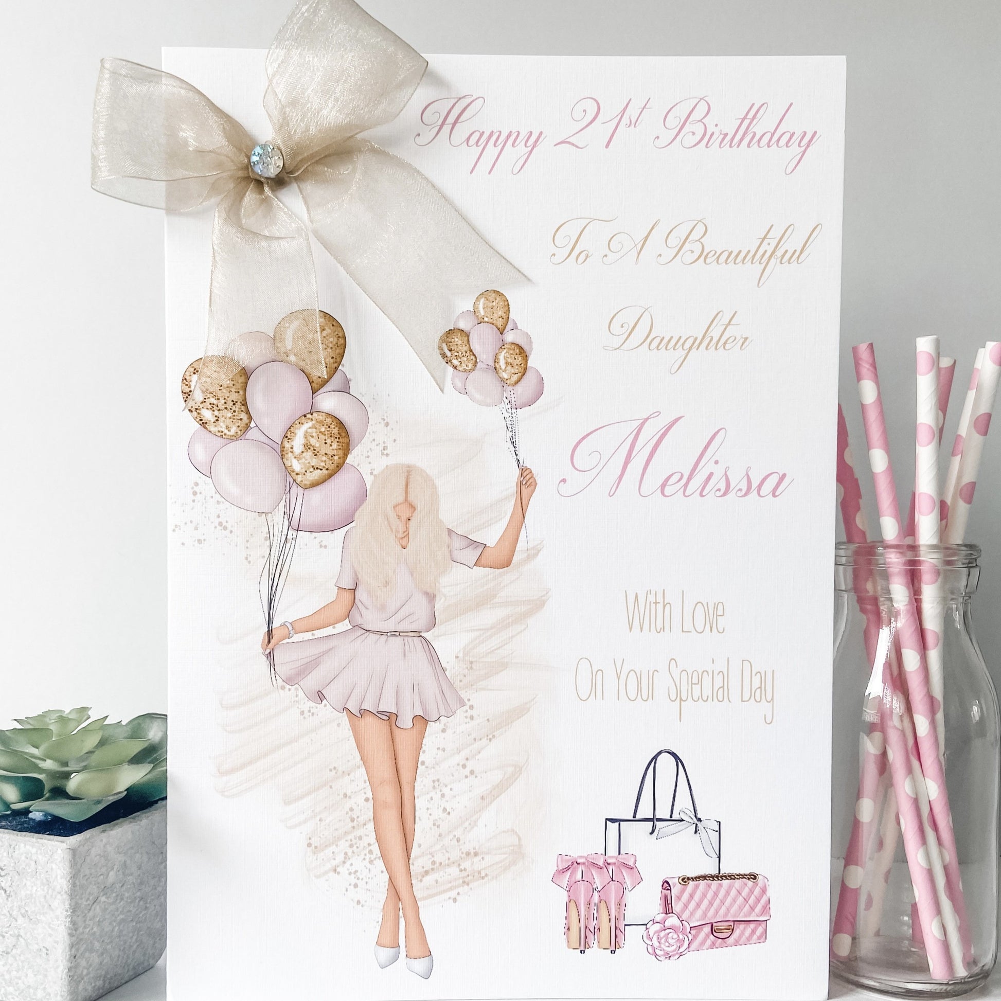 Large A4 Personalised Handmade Birthday Card Girl Balloons luxury 16th 18th 21st 30th 40th Female Daughter granddaughter bestie niece