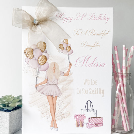 Large A4 Personalised Handmade Birthday Card Girl Balloons luxury 16th 18th 21st 30th 40th Female Daughter granddaughter bestie niece