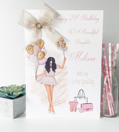 Personalised Female Girl's Birthday Card Girl Balloons