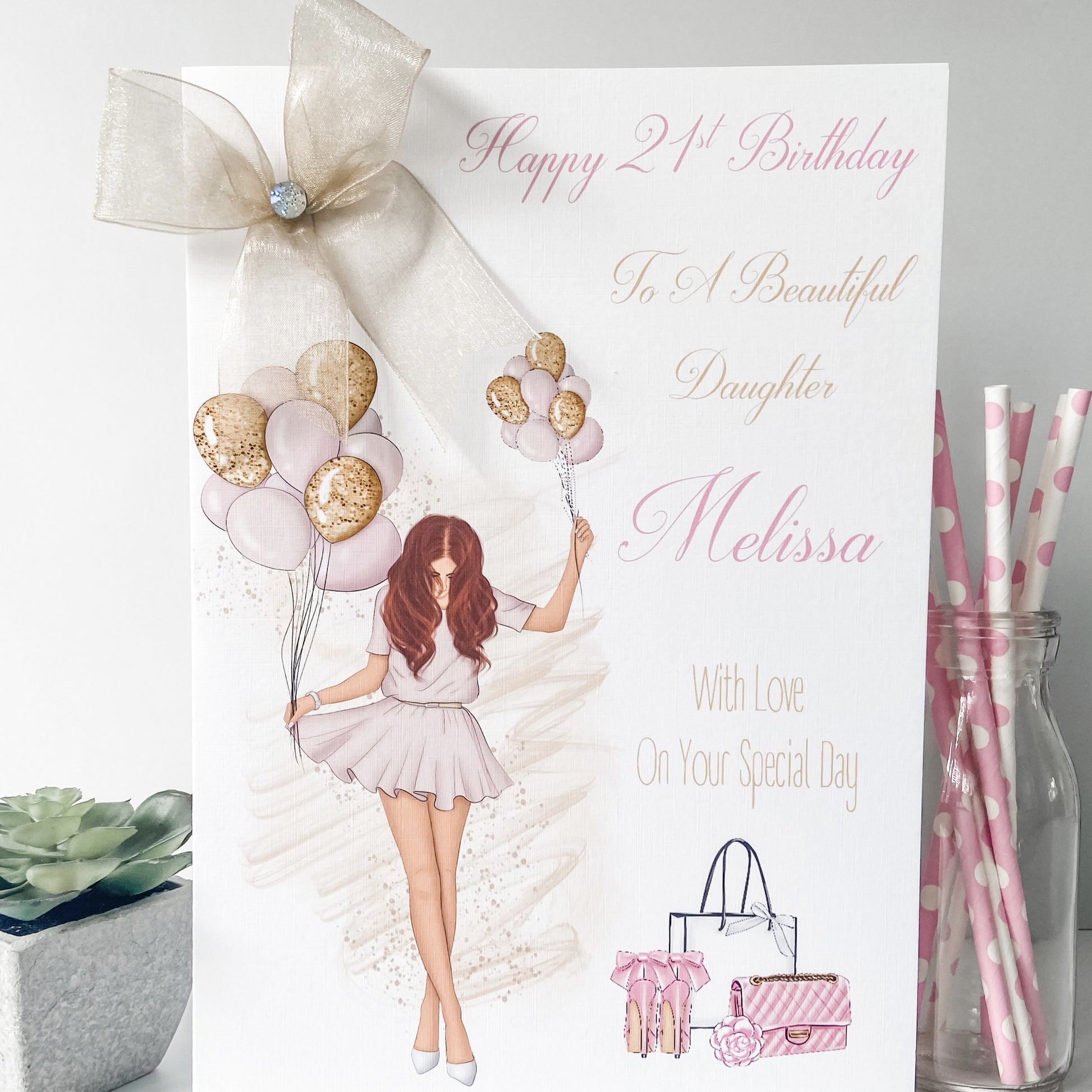 Large A4 Personalised Handmade Birthday Card Girl Balloons luxury 16th 18th 21st 30th 40th Female Daughter granddaughter bestie niece