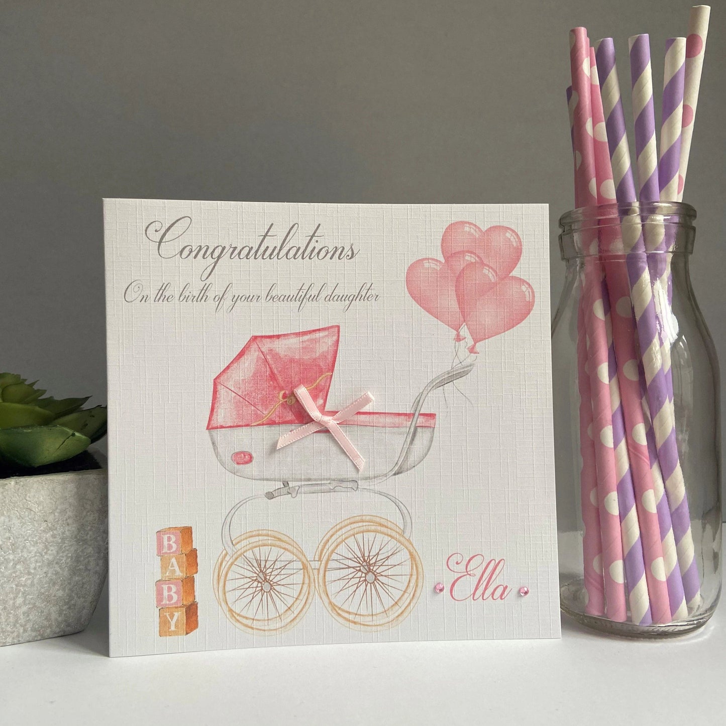 Personalised Handmade Congratulations New Baby Girl Card Pram