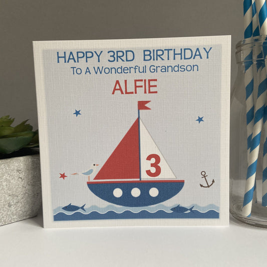 Personalised boys birthday card nautical boat son brother papa grandad