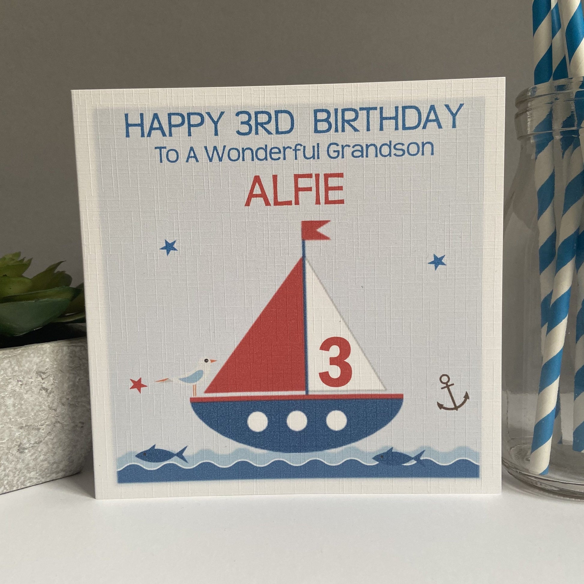 Personalised boys birthday card nautical boat son brother papa grandad
