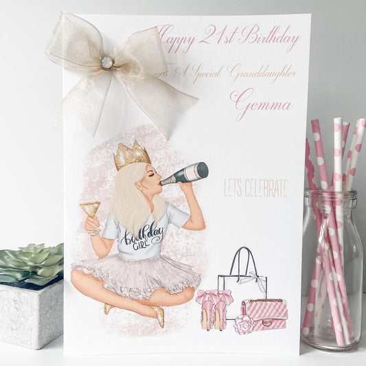 Large A4 Personalised Handmade Birthday Card Birthday Girl Luxury A4 Daughter Granddaughter 18th 21st 30th 40th 