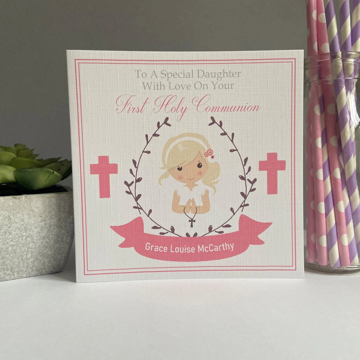 Personalised Handmade Firsty Holy Communion Card Girl Blonde Hair Daughter Granddaughter Niece God Daughter