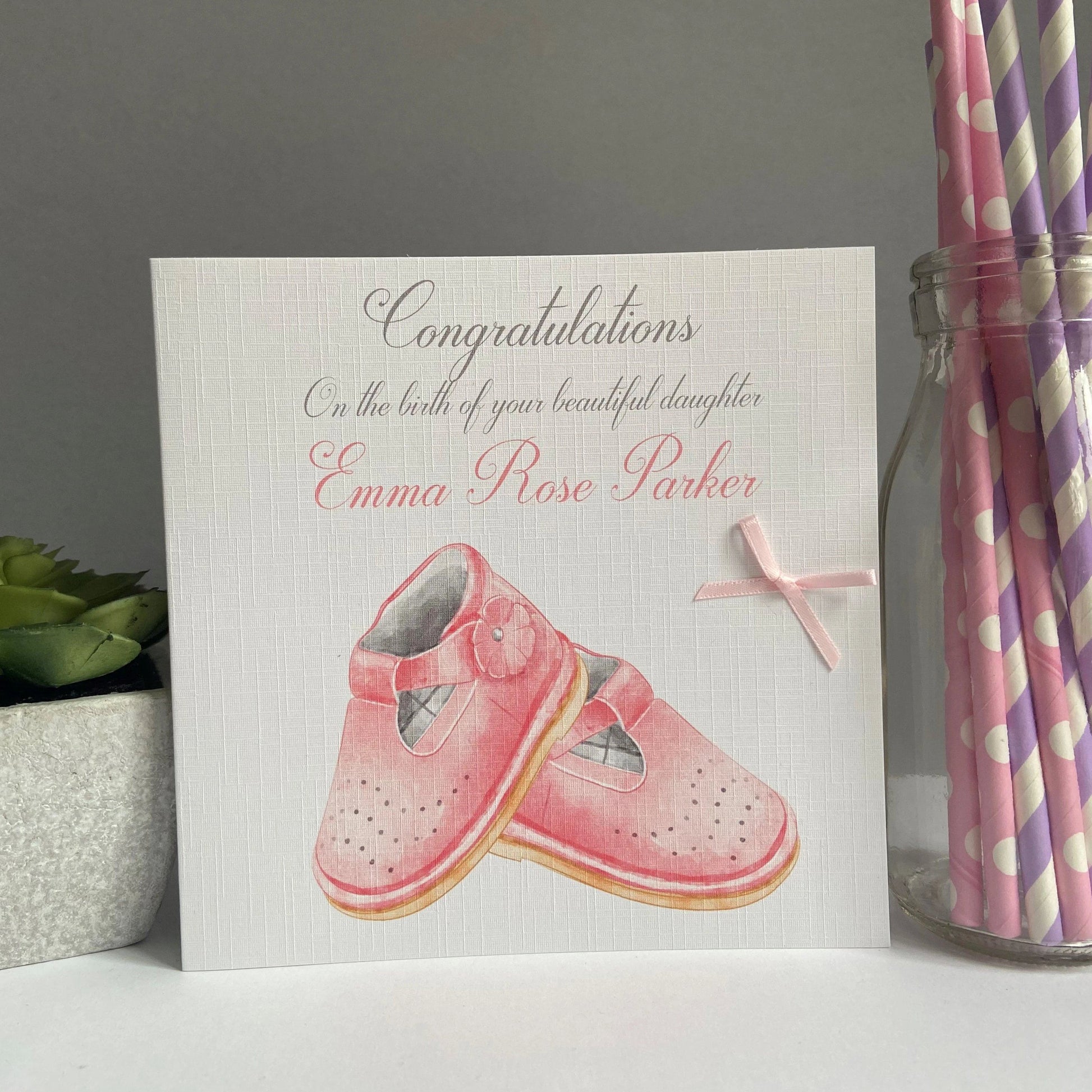 Personalised Handmade Congratulations New Baby Girl Card Shoes New Parents 