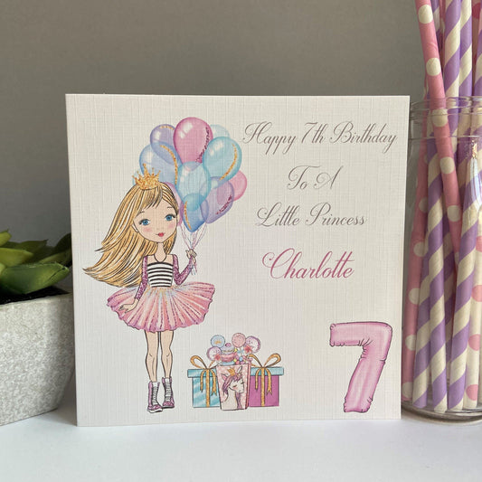 Personalised Handmade Girls Birthday Card Girl with Balloons Daughter Granddaughter Niece Sister