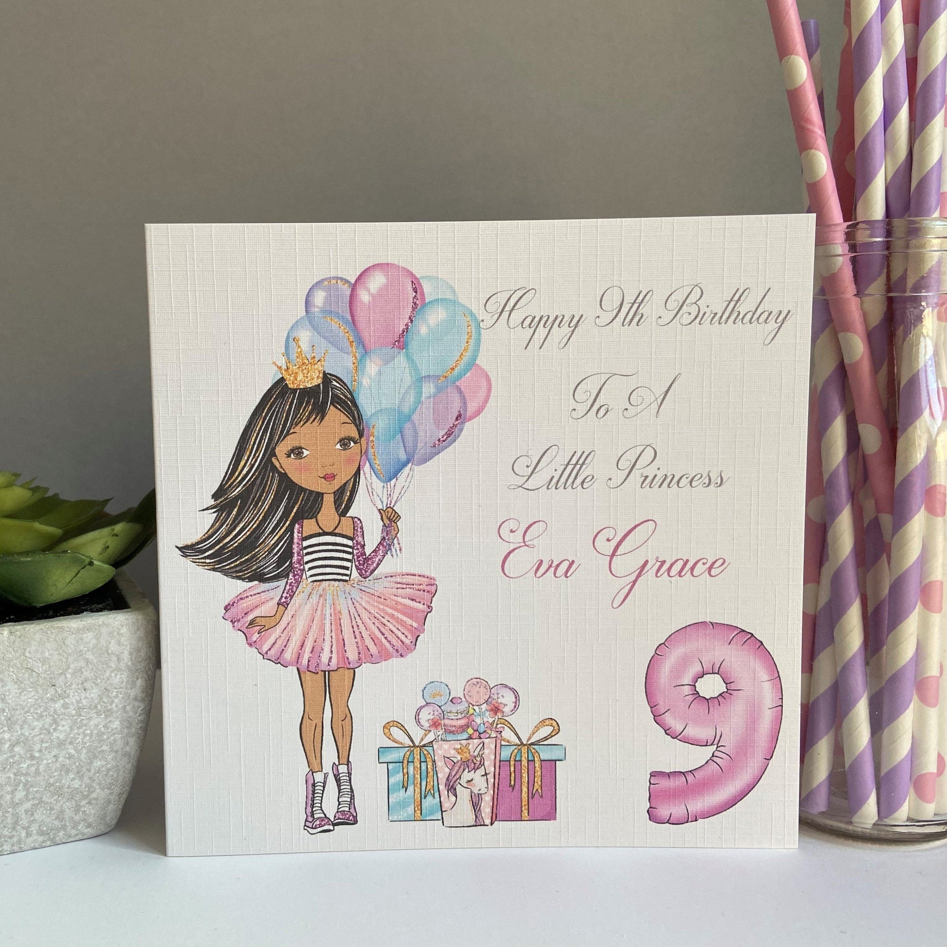 Personalised Handmade Girls Birthday Card Girl with Balloons