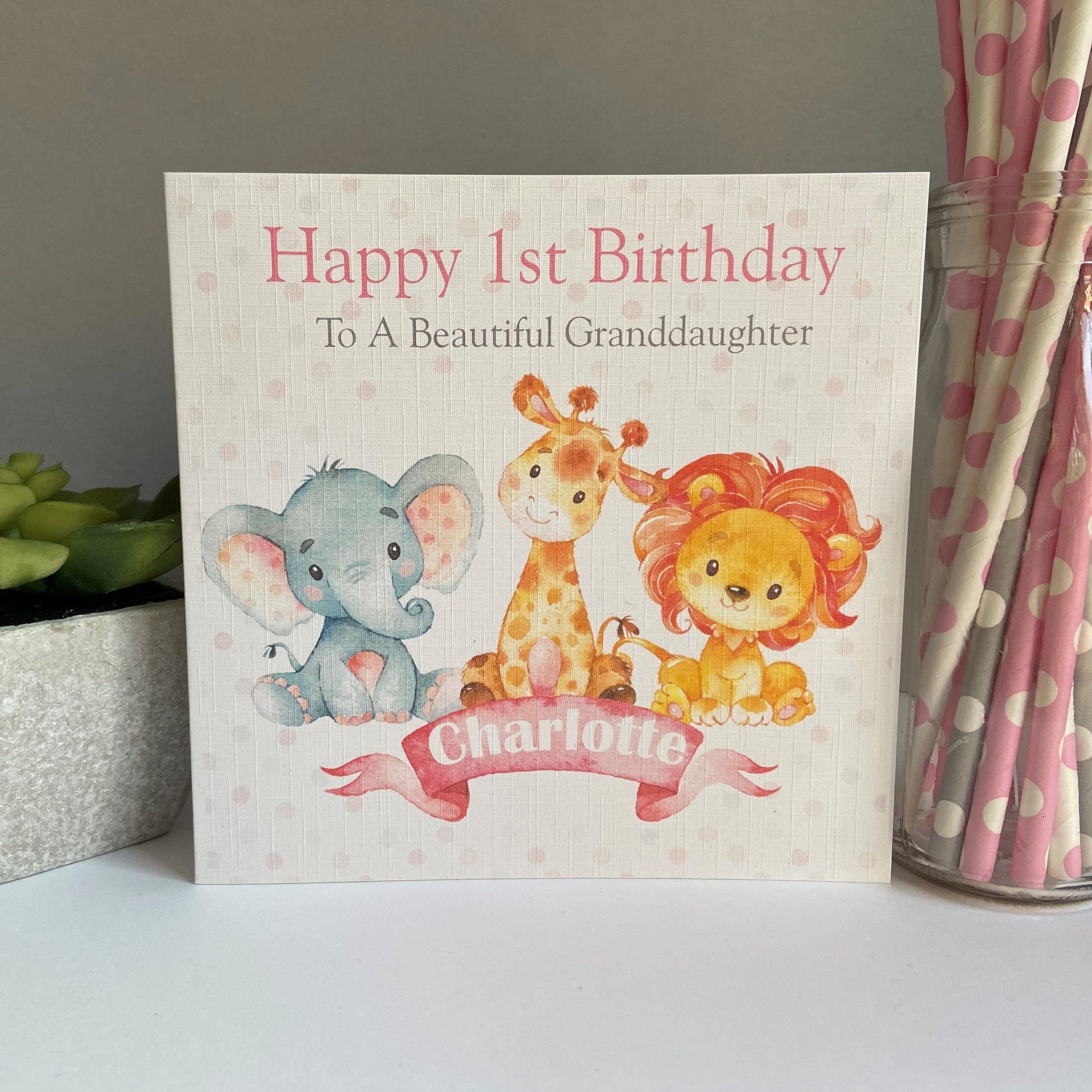 Personalised New Baby Girl Card Jungle Animals