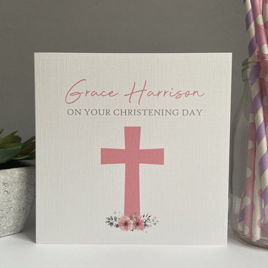 Personalised Handmade Christening Baptism Card Pink Cross