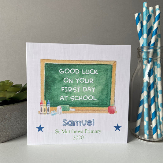 Personalised Boys & Girls Good Luck First Day At School Card Chalkboard Design