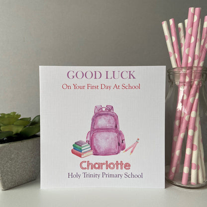 Personalised Girls Good Luck First Day At School Card Backpack Design
