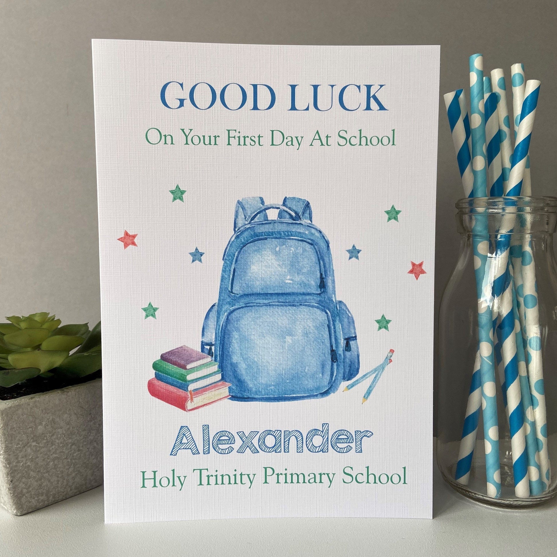 Personalised Boys Good Luck First Day At School Card Backpack Design - 2 Size Options