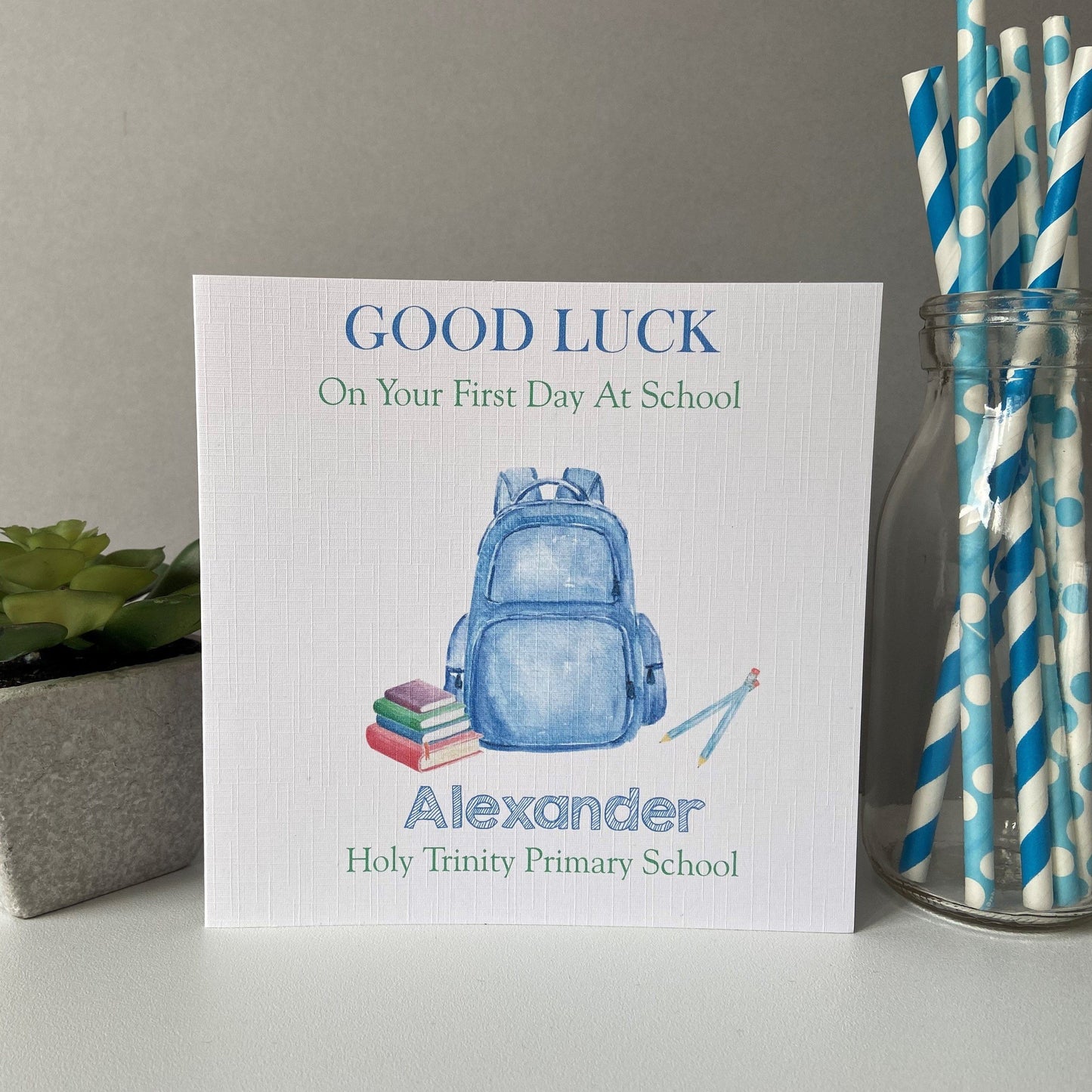 Personalised Boys Good Luck First Day At School Card Backpack Design - 2 Size Options