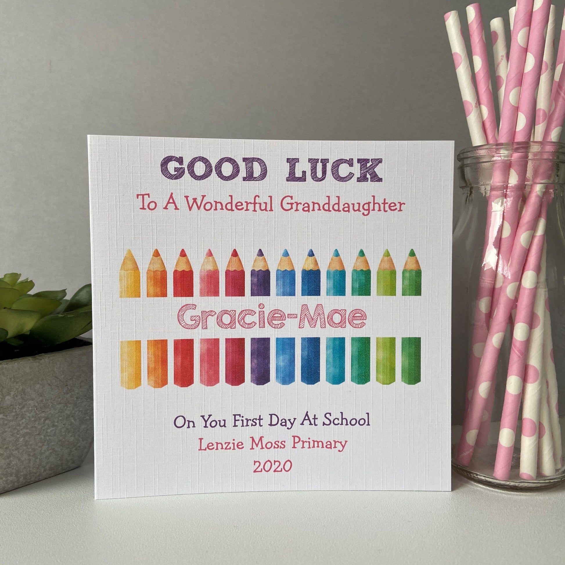 Personalised Boys & Girls Good Luck First Day At School Card Colourful Pencils Design