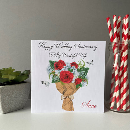 Personalised Handmade Wedding Anniversary Card Floral Bouquet