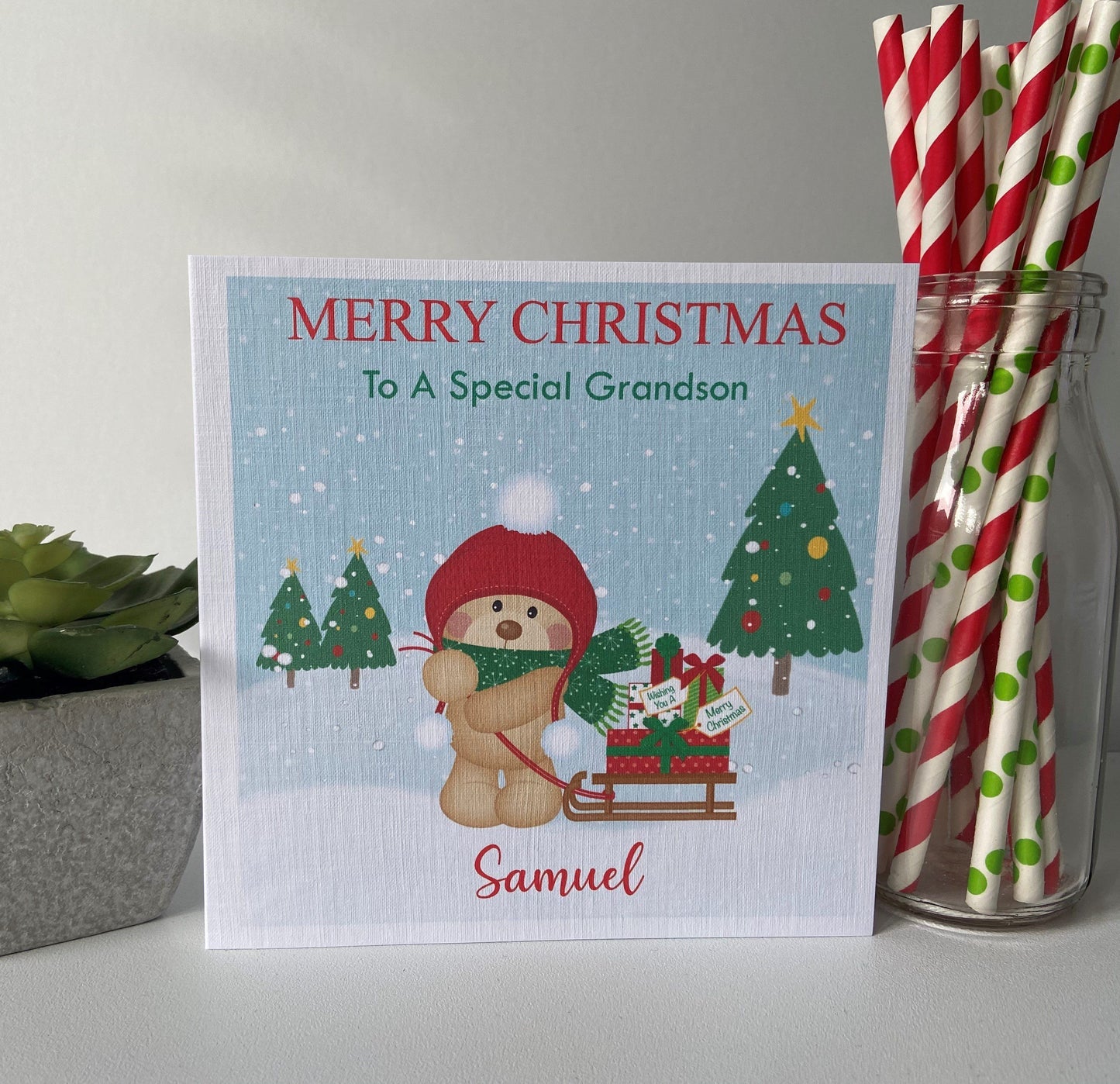 Personalised Christmas Card Teddy Bear & Sleigh