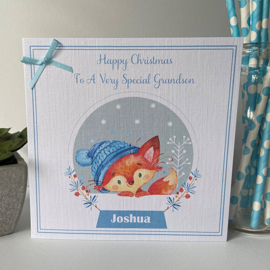 Personalised Christmas Card Watercolour Fox in Snow Globe Grandson Son Nephew