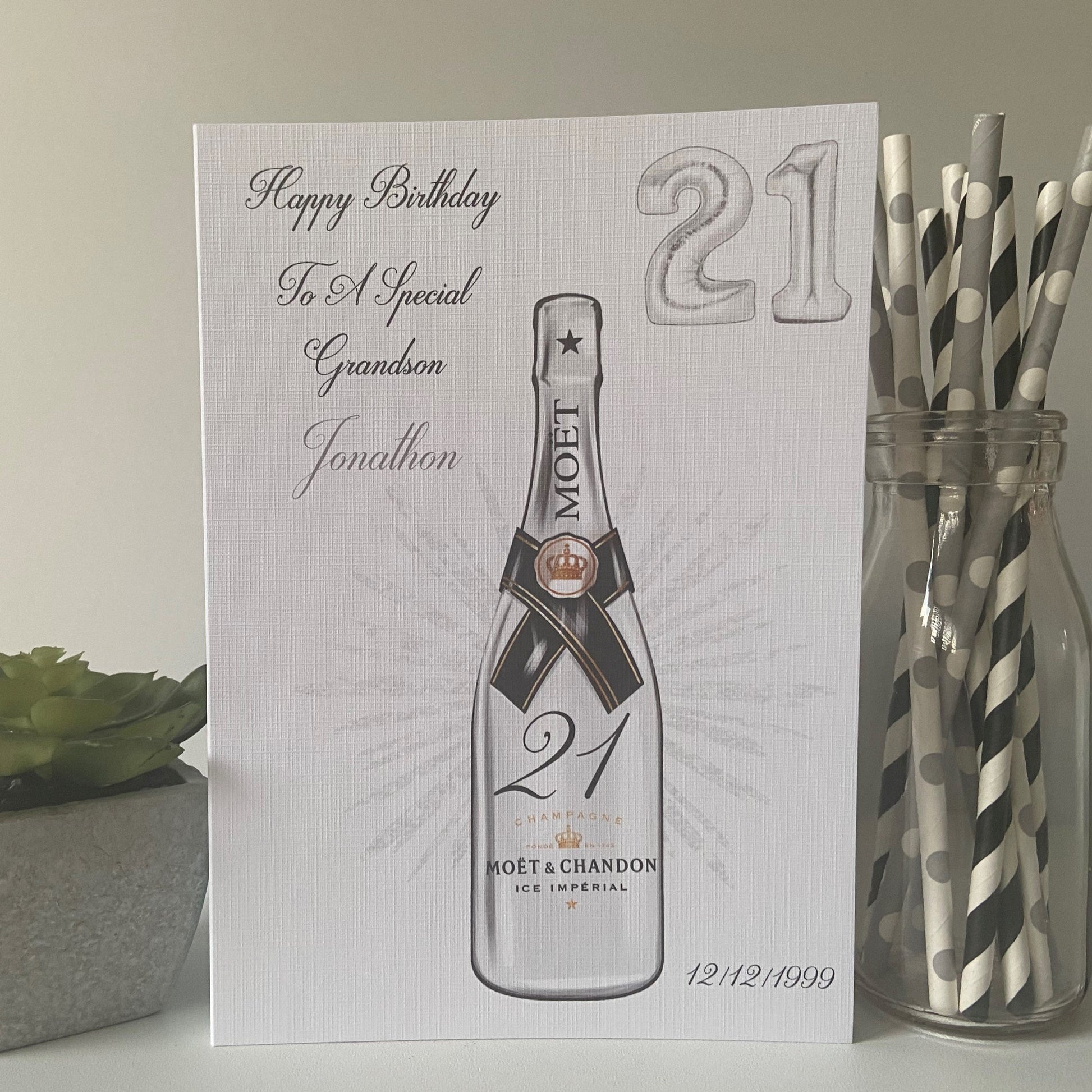 Personalised Handmade Birthday Card Silver Champagne Bottle male female boys girls 18th 21st 30th 40th 50th 60th 70th