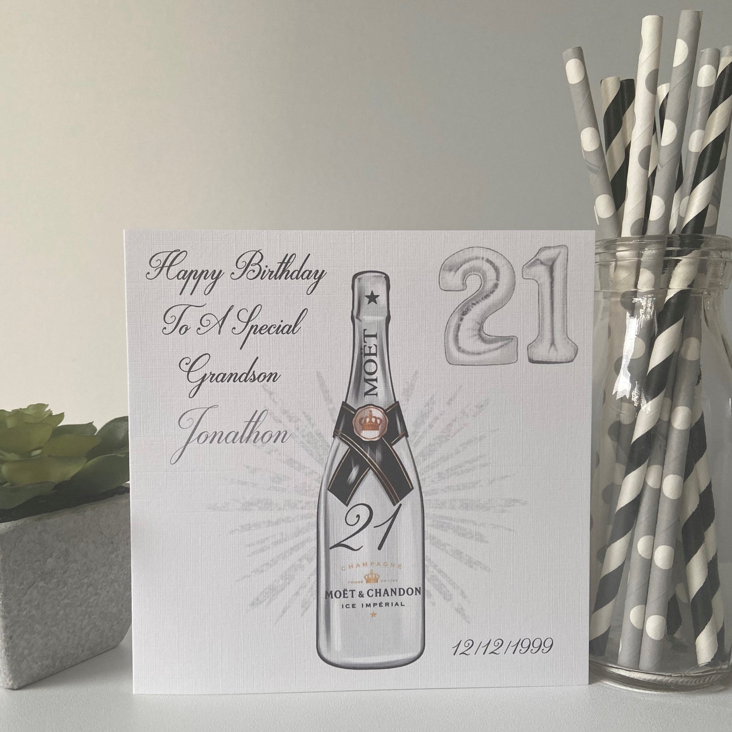 Personalised Handmade Birthday Card Silver Champagne Bottle male female boys girls 18th 21st 30th 40th 50th 60th 70th