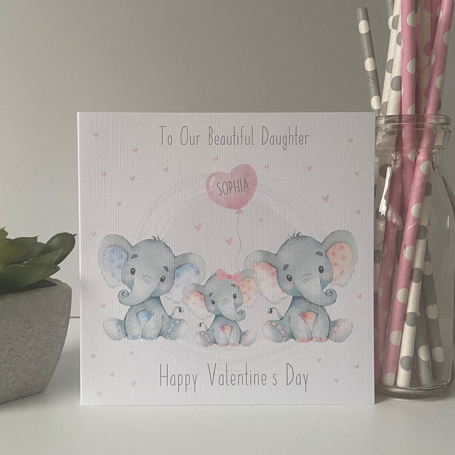 Personalised Valentine's Day Card For Girl Watercolour Elephant Family Daughter Child