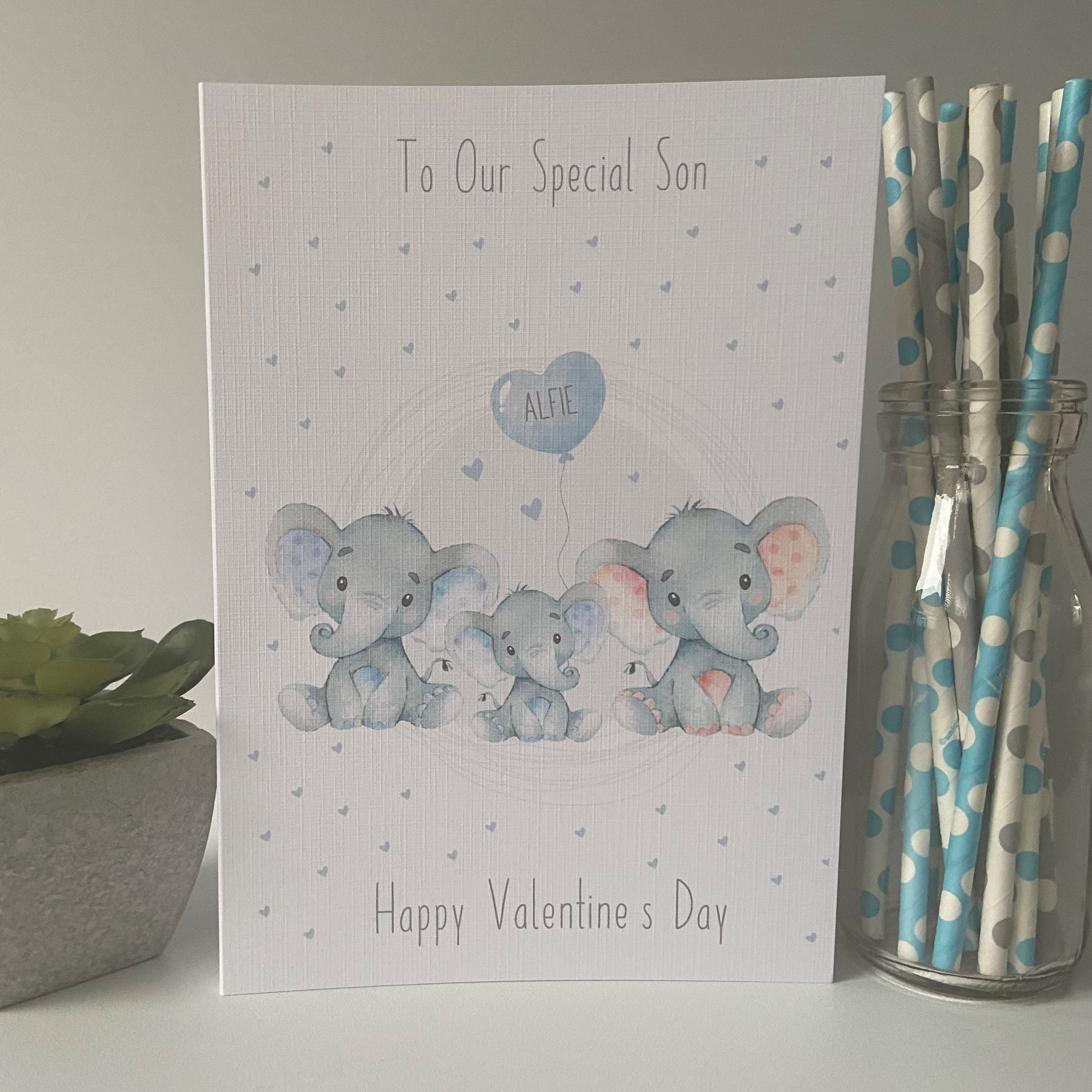 Personalised Valentine's Day Card For Boy Watercolour Elephant Family child boy