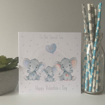 Personalised Valentine's Day Card For Boy Watercolour Elephant Family son boy