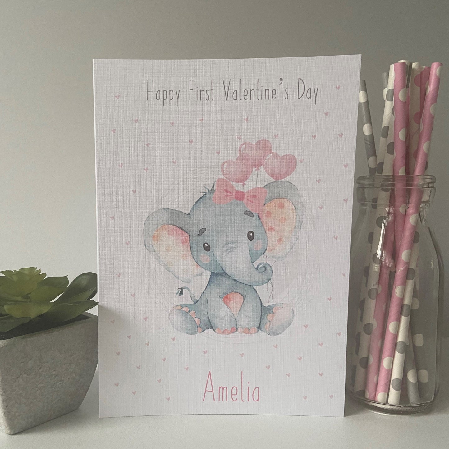 Personalised Happy First Valentine's Day Card For Girl Watercolour Elephant
