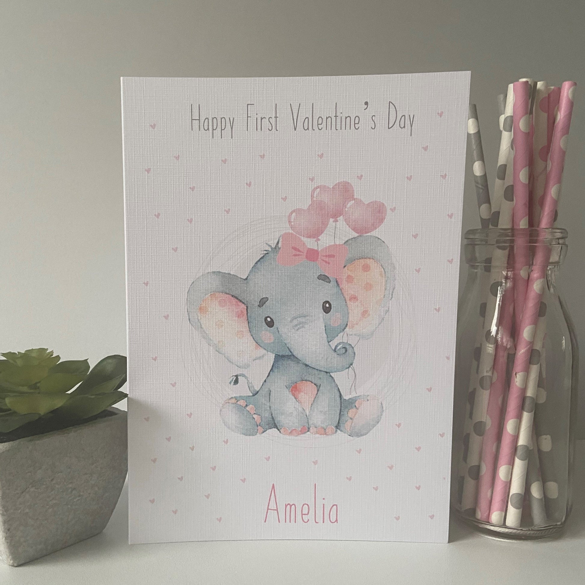 Personalised Happy First Valentine's Day Card For Girl Watercolour Elephant