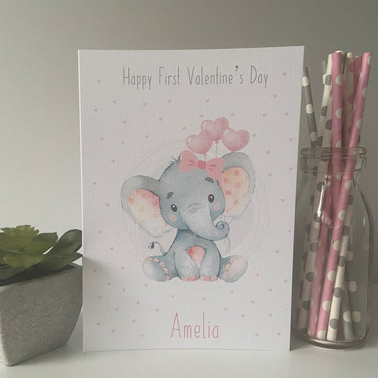 Personalised Happy First Valentine's Day Card For Girl Watercolour Elephant