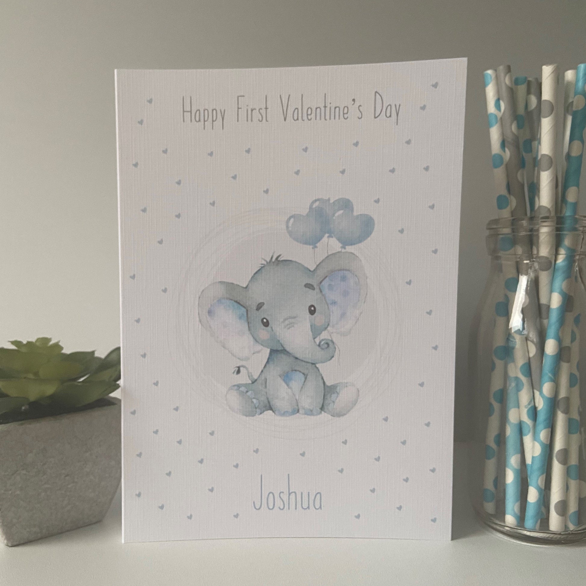 Personalised Happy First Valentine's Day Card For Boy Watercolour Elephant