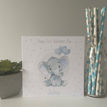 Personalised Happy First Valentine's Day Card For Boy Watercolour Elephant