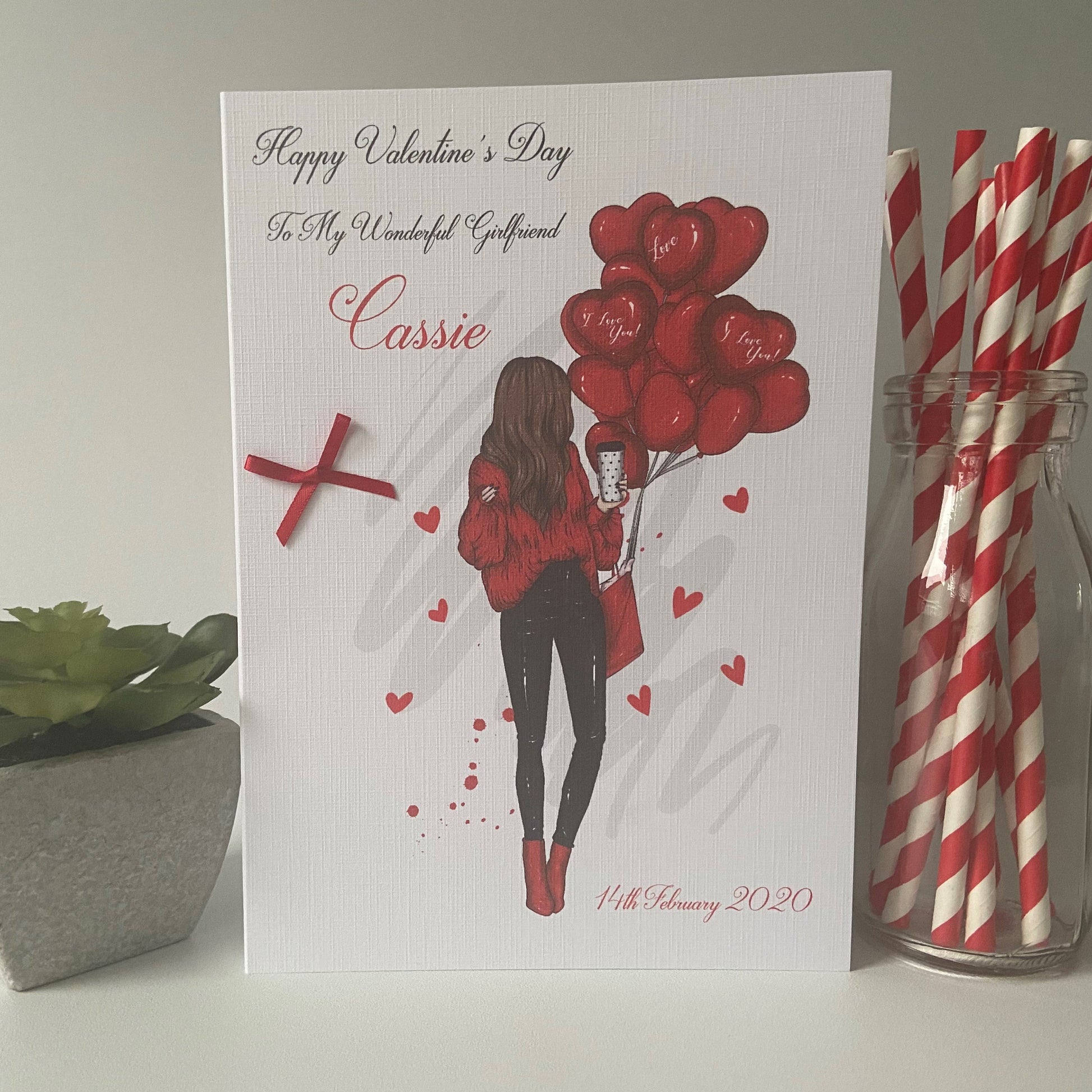 Personalised Valentine's Day Card Girl Holding Heart Balloons Wife Girlfriend