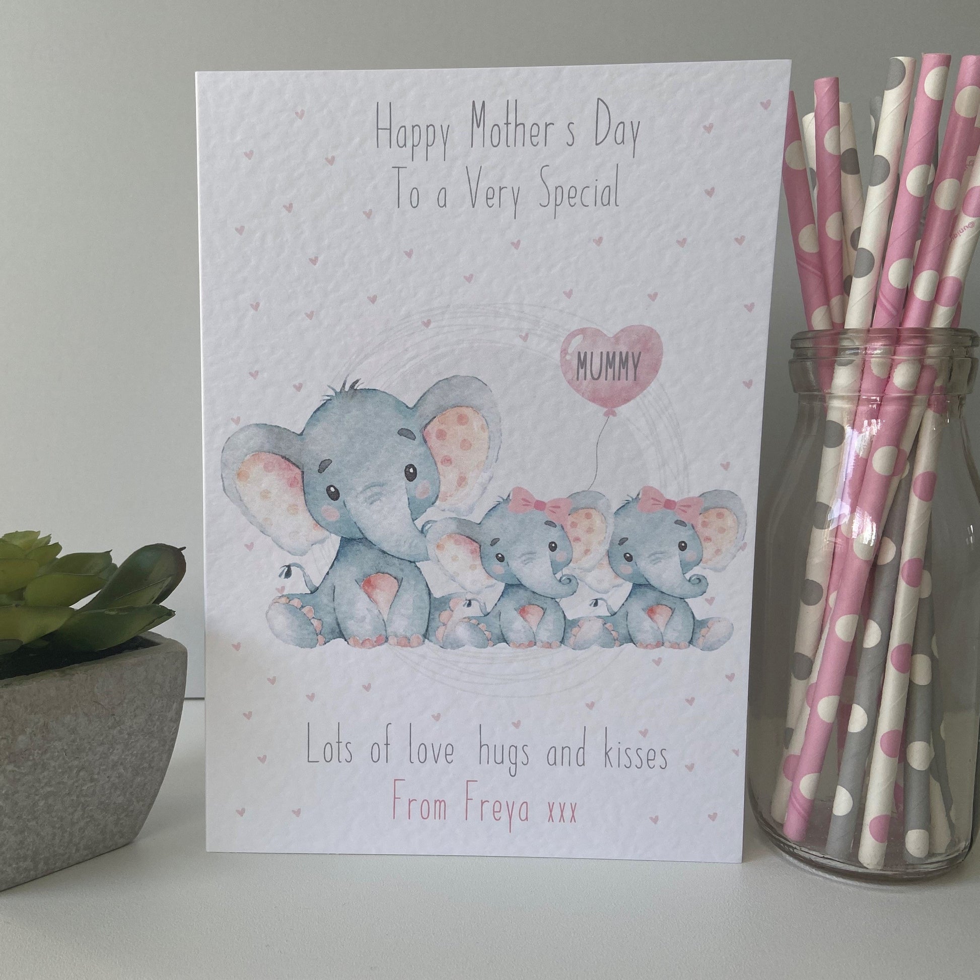 Personalised Handmade Mother's Day Card Watercolour Elephant Mummy