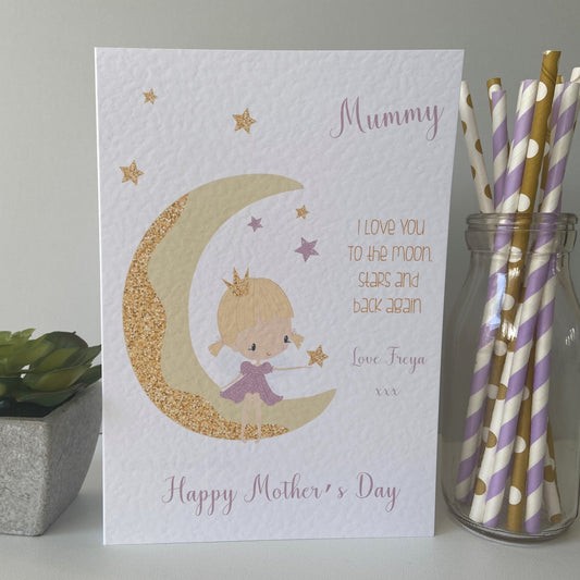 Personalised Handmade Mother's Day Card Girl on Moon Mummy