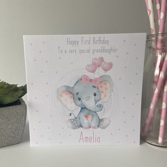 Personalised First Birthday Card Watercolour Elephant Girls Age 1 Granddaughter Daughter Niece
