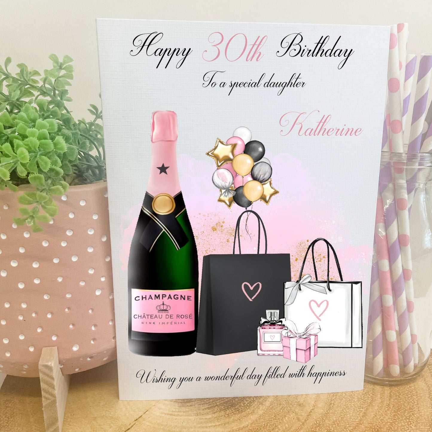 Personalised Female Birthday Card Shopping Champagne Balloons