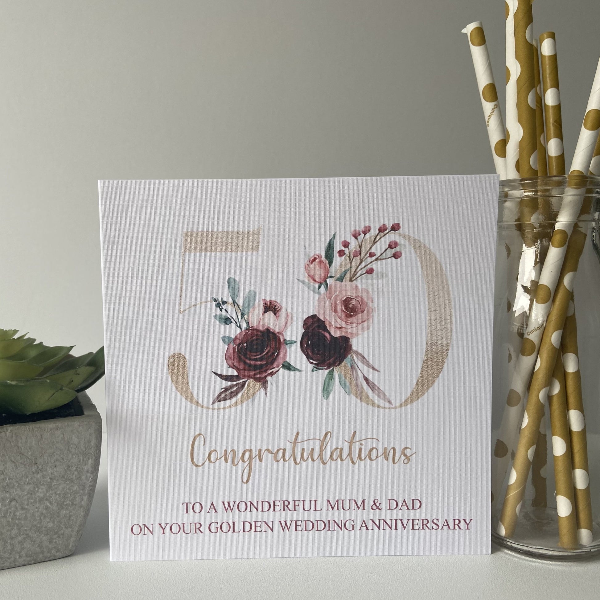 Personalised Congratulations Golden Wedding Anniversary Card Floral Number