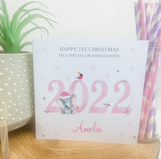 Personalised Christmas Card 2022 Watercolour Elephant Pink