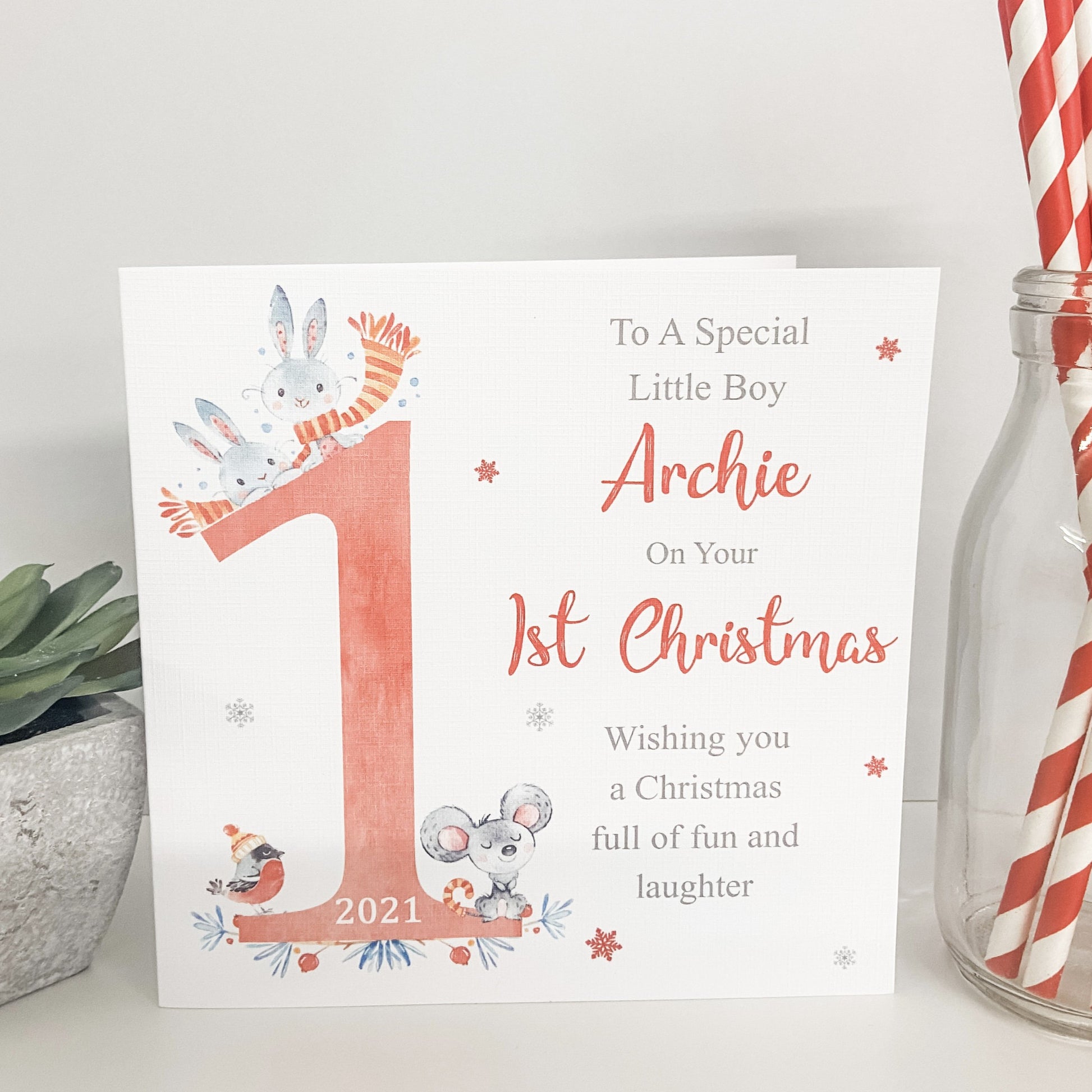 Personalised 1st Christmas Card Watercolour Animals