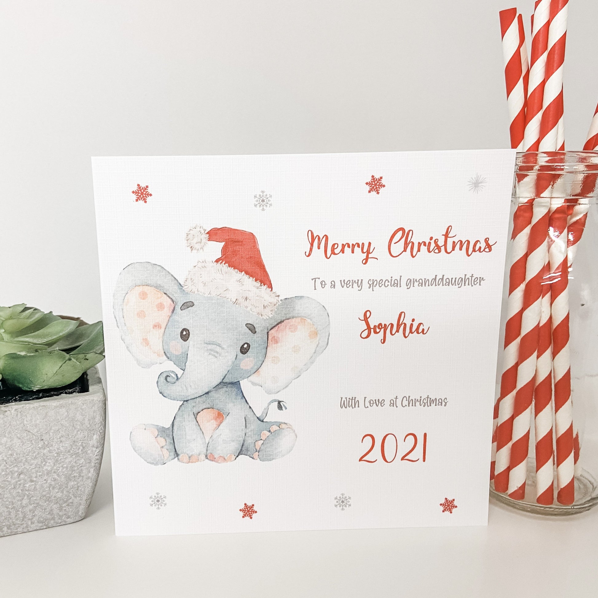 Personalised Christmas Card Watercolour Elephant Boy Girl Grandchildren Children Son Daughter Granddaughter Daughter