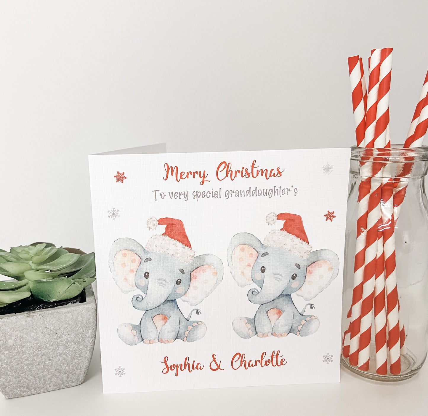 Personalised Christmas Card Watercolour Elephant Boy Girl Grandchildren Children Son Daughter Granddaughter Daughter