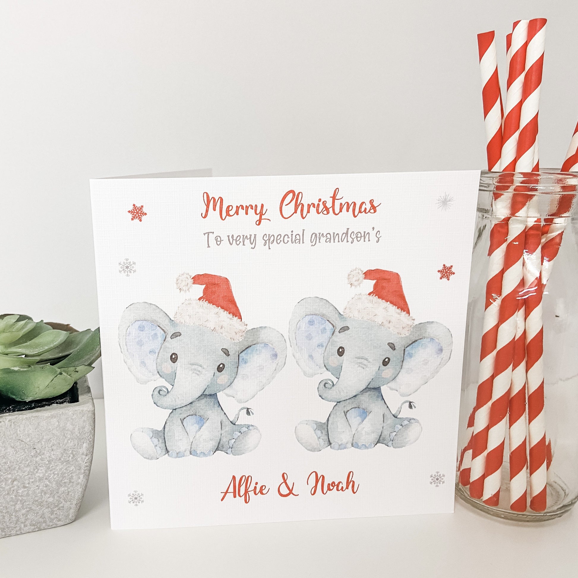 Personalised Christmas Card Watercolour Elephant Boy Girl Grandchildren Children Son Daughter Granddaughter Daughter