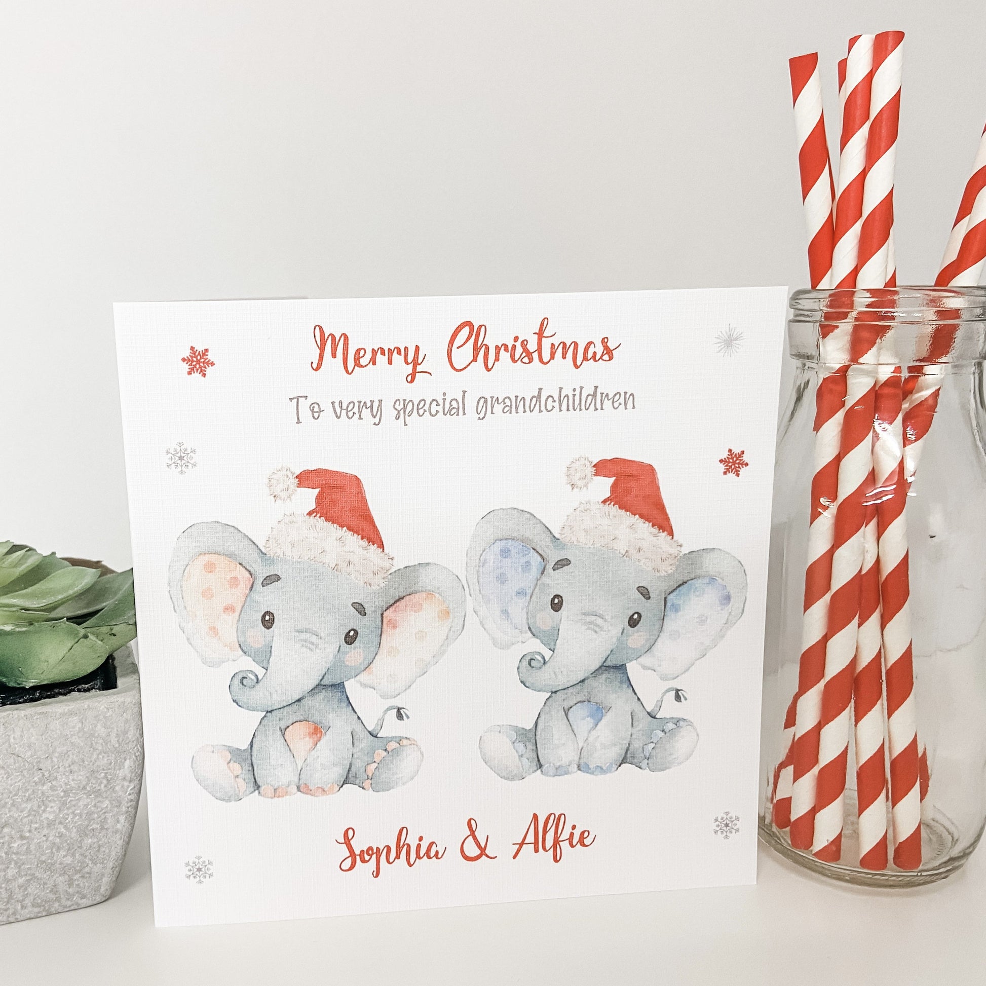 Personalised Christmas Card Watercolour Elephant Boy Girl Grandchildren Children Son Daughter Granddaughter Daughter