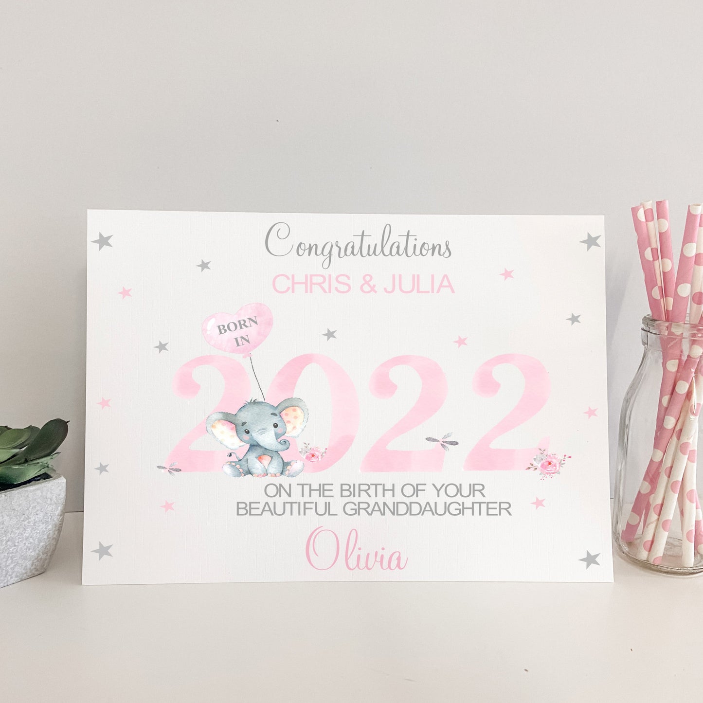 Personalised Congratulations New Baby 2022 Pink Watercolour Elephant