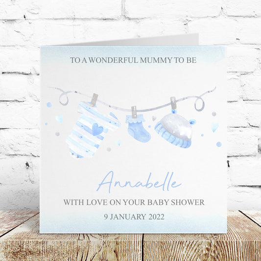 Personalised Baby Shower Card Blue Washing Line