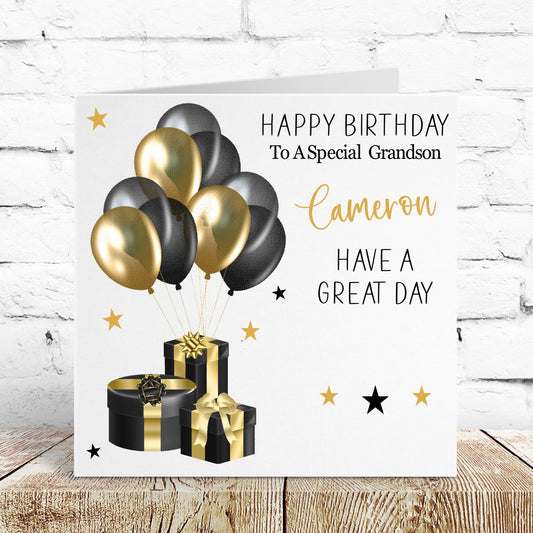 Personalised Birthday Card Black & Gold Gifts Balloons male card son husband nephew grandad dad