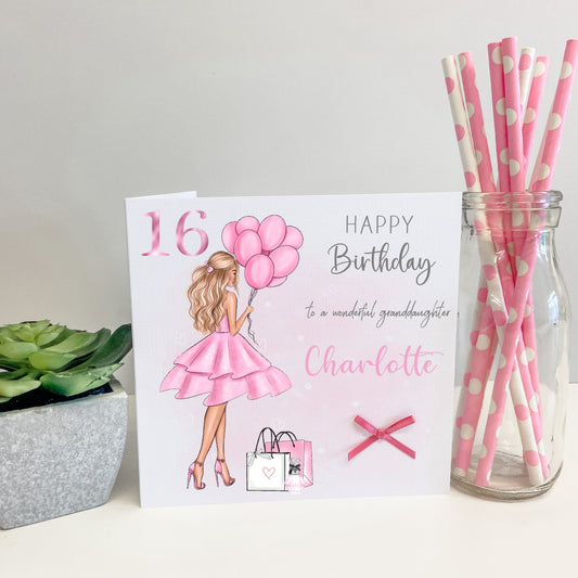 Personalised Female Girl Birthday Card Girl with Balloons & Gifts Teenager 16th 17th 18th 19th 21st 30th