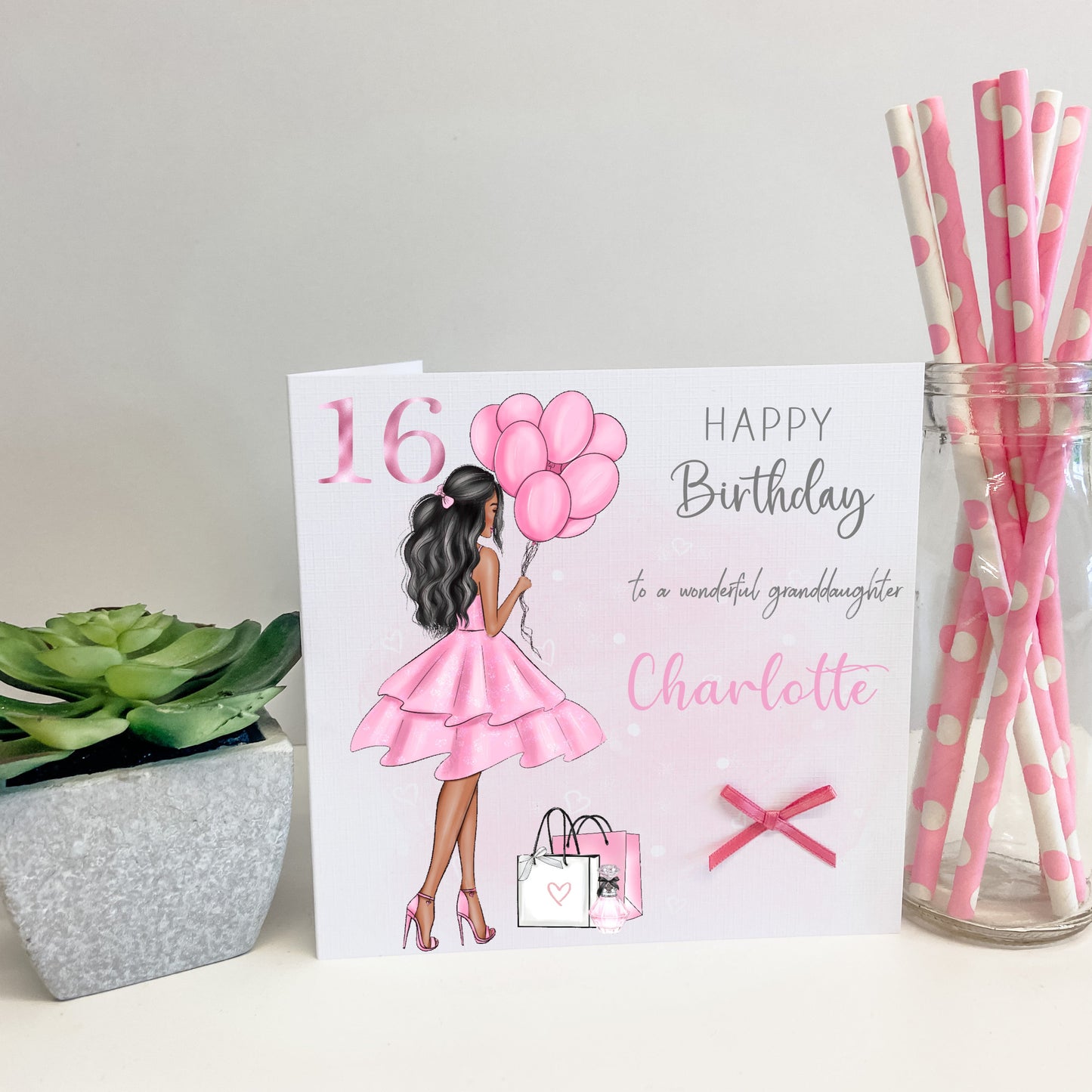 Personalised Female Girl Birthday Card Girl with Balloons & Gifts Teenager 16th 17th 18th 19th 21st 30th