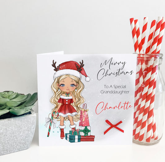 Personalised Christmas Card Girl Reindeer